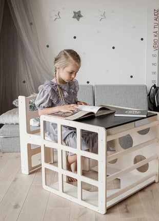 Montesori set 2 u 1 KINDER HOME, dečiji sto sa stolicom i kockom za penjanje, sto za aktivnu igru, prirodno drvo