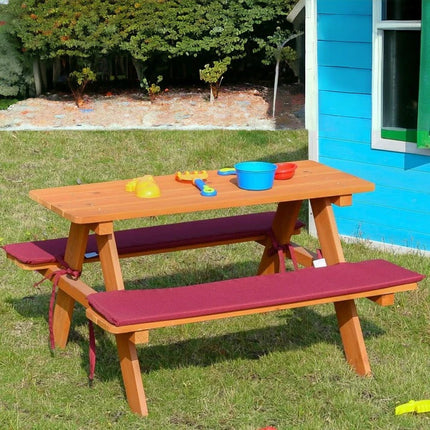 Vrtna garnitura KINDER HOME, dječji stol za piknik s klupama i mekanim jastučićima