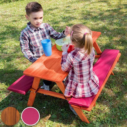 Vrtna garnitura KINDER HOME, dječji stol za piknik s klupama i mekanim jastučićima