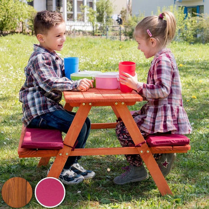 Vrtna garnitura KINDER HOME, dječji stol za piknik s klupama i mekanim jastučićima