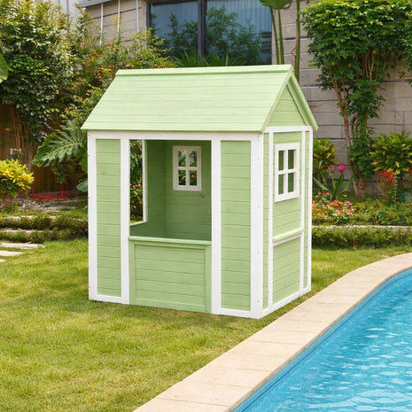 Dečija drvena kućica za igru na otvorenom KINDER HOME – baštenska kućica za decu, zelena i bela, 107×90×144 cm