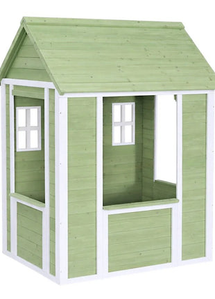 Dečija drvena kućica za igru na otvorenom KINDER HOME – baštenska kućica za decu, zelena i bela, 107×90×144 cm