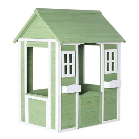 Dečija drvena kućica za igru na otvorenom KINDER HOME – baštenska kućica za decu, zelena i bela, 107×90×144 cm