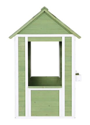 Dečija drvena kućica za igru na otvorenom KINDER HOME – baštenska kućica za decu, zelena i bela, 107×90×144 cm