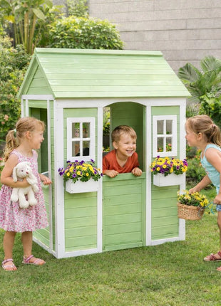 Dečija drvena kućica za igru na otvorenom KINDER HOME – baštenska kućica za decu, zelena i bela, 107×90×144 cm