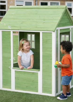 Dečija drvena kućica za igru na otvorenom KINDER HOME – baštenska kućica za decu, zelena i bela, 107×90×144 cm