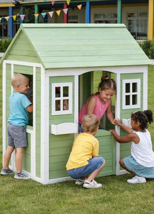 Dečija drvena kućica za igru na otvorenom KINDER HOME – baštenska kućica za decu, zelena i bela, 107×90×144 cm