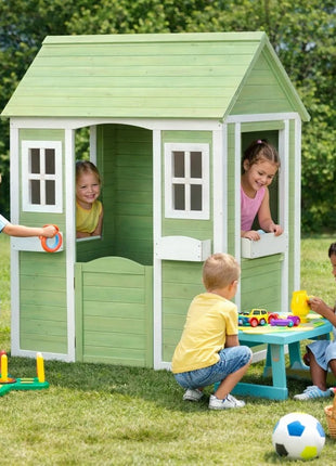Dečija drvena kućica za igru na otvorenom KINDER HOME – baštenska kućica za decu, zelena i bela, 107×90×144 cm