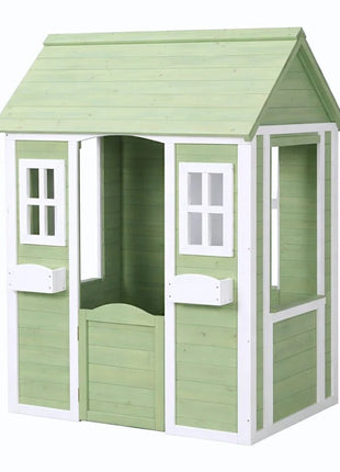 Dečija drvena kućica za igru na otvorenom KINDER HOME – baštenska kućica za decu, zelena i bela, 107×90×144 cm