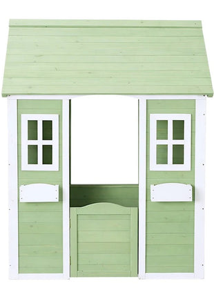 Dečija drvena kućica za igru na otvorenom KINDER HOME – baštenska kućica za decu, zelena i bela, 107×90×144 cm