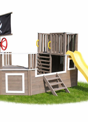 Dečija drvena penjalica Piratski brod sa toboganom i peskarnikom KINDER HOME – Za dvorište i baštu, 310×320×180 cm