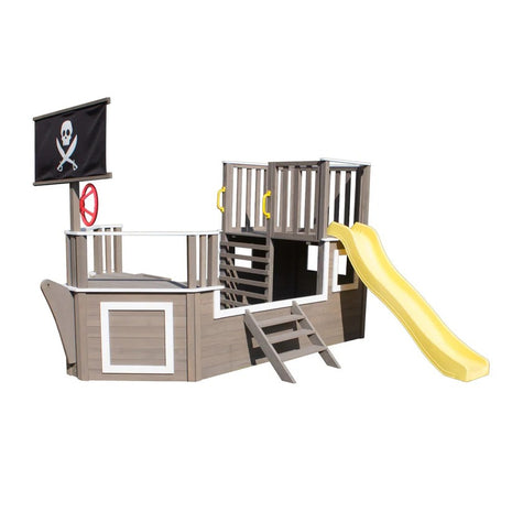 Dečija drvena penjalica Piratski brod sa toboganom i peskarnikom KINDER HOME – Za dvorište i baštu, 310×320×180 cm