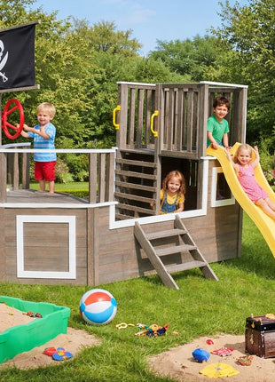 Dečija drvena penjalica Piratski brod sa toboganom i peskarnikom KINDER HOME – Za dvorište i baštu, 310×320×180 cm
