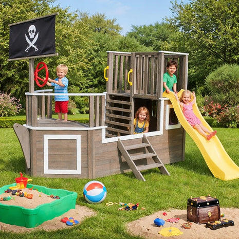 Dečija drvena penjalica Piratski brod sa toboganom i peskarnikom KINDER HOME – Za dvorište i baštu, 310×320×180 cm