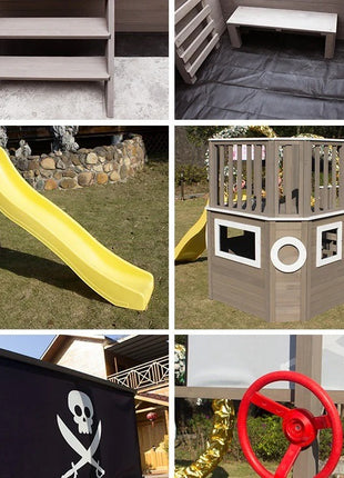 Dečija drvena penjalica Piratski brod sa toboganom i peskarnikom KINDER HOME – Za dvorište i baštu, 310×320×180 cm