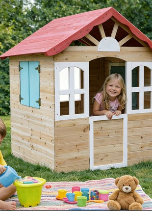 Dečija drvena kućica za igru na otvorenom KINDER HOME - za dvorište i baštu, 115×102×129 cm