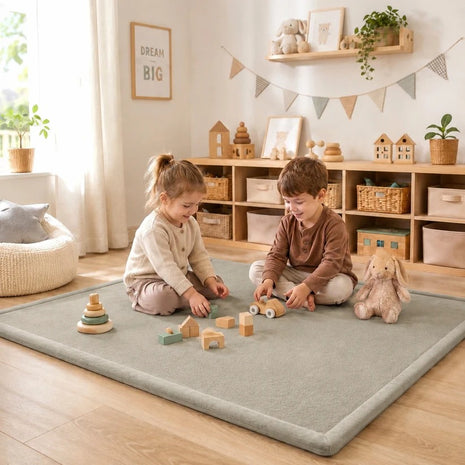 Dečiji tepih sa memorijskom penom KINDER HOME LOLA, 150x200 cm, debljina 3,5 cm, baršunasto mekan vodoodbojni gornji sloj, memori pena, protivklizna podloga, siva