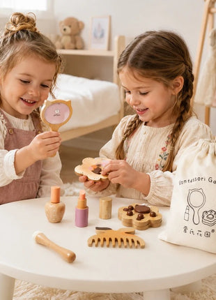 Dečiji drveni kozmetički set KINDER HOME, šminka za igru uloga, torba, Montesori