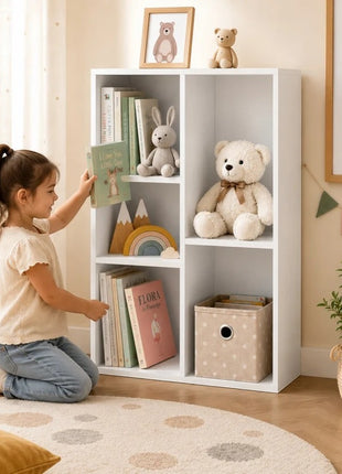 KINDER HOME Dečja polica za knjige sa 5 pregrada, beli organizator za knjige i igračke