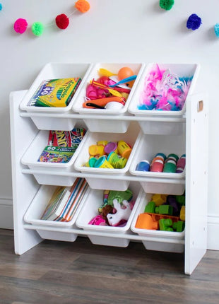 Polica sa 9 kutija za odlaganje, deo za dečiju sobu, organizator za igračke i knjige od drveta - BELI