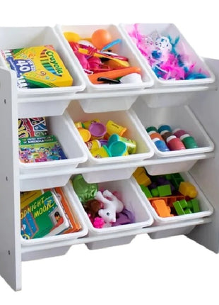 Polica sa 9 kutija za odlaganje, deo za dečiju sobu, organizator za igračke i knjige od drveta - BELI