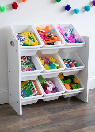 Polica sa 9 kutija za odlaganje, deo za dečiju sobu, organizator za igračke i knjige od drveta - BELI