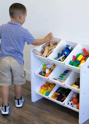 Polica sa 9 kutija za odlaganje, deo za dečiju sobu, organizator za igračke i knjige od drveta - BELI