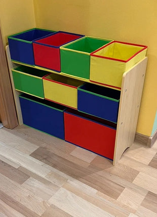 Dečiji drveni organizator, polica,  deo za odlaganje igračaka i knjiga - 3 nivoa sa 9 kutija za tekstil - BOJE