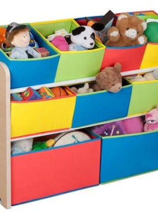 Dečiji drveni organizator, polica,  deo za odlaganje igračaka i knjiga - 3 nivoa sa 9 kutija za tekstil - BOJE