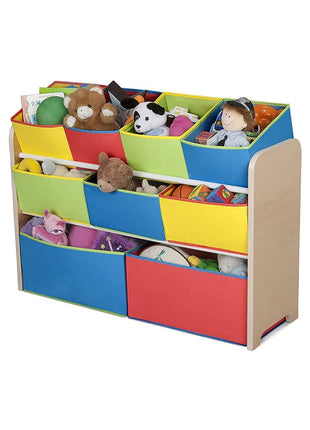 Dečiji drveni organizator, polica,  deo za odlaganje igračaka i knjiga - 3 nivoa sa 9 kutija za tekstil - BOJE