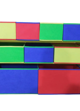 Dečiji drveni organizator, polica,  deo za odlaganje igračaka i knjiga - 3 nivoa sa 9 kutija za tekstil - BOJE