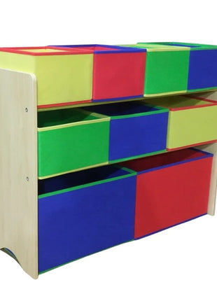 Dečiji drveni organizator, polica,  deo za odlaganje igračaka i knjiga - 3 nivoa sa 9 kutija za tekstil - BOJE