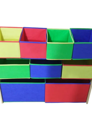 Dečiji drveni organizator, polica,  deo za odlaganje igračaka i knjiga - 3 nivoa sa 9 kutija za tekstil - BOJE