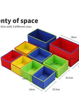 Dečiji drveni organizator, polica,  deo za odlaganje igračaka i knjiga - 3 nivoa sa 9 kutija za tekstil - BOJE