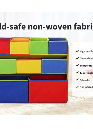 Dečiji drveni organizator, polica,  deo za odlaganje igračaka i knjiga - 3 nivoa sa 9 kutija za tekstil - BOJE