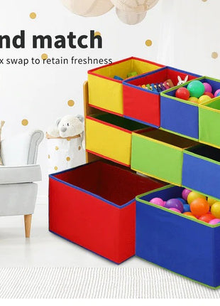 Dečiji drveni organizator, polica,  deo za odlaganje igračaka i knjiga - 3 nivoa sa 9 kutija za tekstil - BOJE