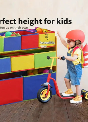 Dečiji drveni organizator, polica,  deo za odlaganje igračaka i knjiga - 3 nivoa sa 9 kutija za tekstil - BOJE