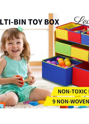 Dečiji drveni organizator, polica,  deo za odlaganje igračaka i knjiga - 3 nivoa sa 9 kutija za tekstil - BOJE