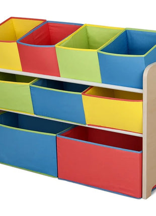 Dečiji drveni organizator, polica,  deo za odlaganje igračaka i knjiga - 3 nivoa sa 9 kutija za tekstil - BOJE