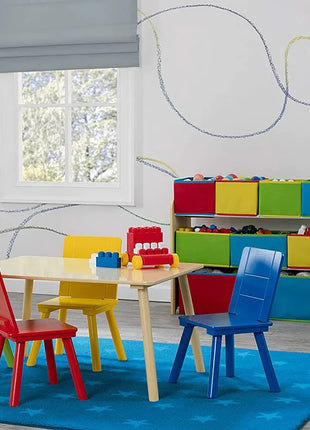 Dečiji drveni organizator, polica,  deo za odlaganje igračaka i knjiga - 3 nivoa sa 9 kutija za tekstil - BOJE