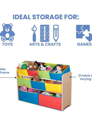 Dečiji drveni organizator, polica,  deo za odlaganje igračaka i knjiga - 3 nivoa sa 9 kutija za tekstil - BOJE