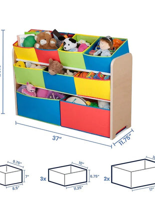 Dečiji drveni organizator, polica,  deo za odlaganje igračaka i knjiga - 3 nivoa sa 9 kutija za tekstil - BOJE