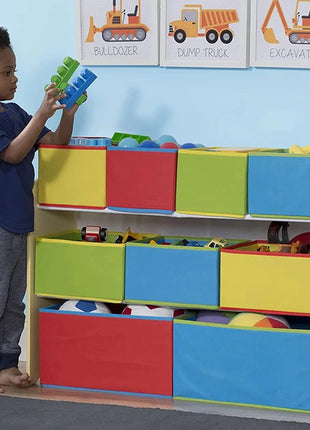 Dečiji drveni organizator, polica,  deo za odlaganje igračaka i knjiga - 3 nivoa sa 9 kutija za tekstil - BOJE