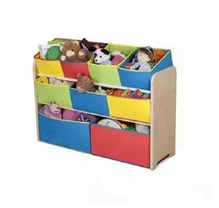 Dečiji drveni organizator, polica,  deo za odlaganje igračaka i knjiga - 3 nivoa sa 9 kutija za tekstil - BOJE