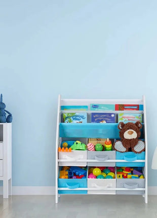 Dečija soba u delu, polica za knjige i igračke, drveni organizator sa 6 kutija za odlaganje tekstila - ŠUMA