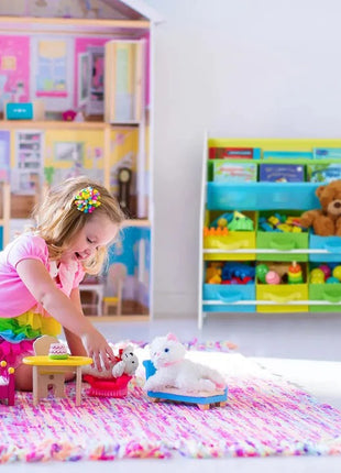 Dečija soba u delu, polica za knjige i igračke, drveni organizator sa 6 kutija za odlaganje tekstila - ŠUMA