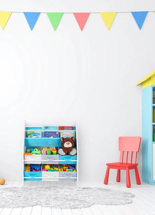 Dečija soba u delu, polica za knjige i igračke, drveni organizator sa 6 kutija za odlaganje tekstila - ŠUMA