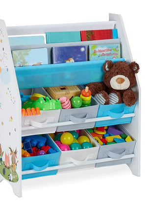 Dečija soba u delu, polica za knjige i igračke, drveni organizator sa 6 kutija za odlaganje tekstila - ŠUMA