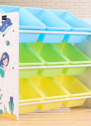 Polica za igračke i knjige, deo za dečiju sobu sa 9 kutija za odlaganje, drveni organizator - SIRENA