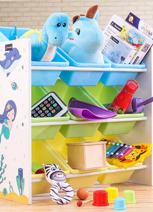 Polica za igračke i knjige, deo za dečiju sobu sa 9 kutija za odlaganje, drveni organizator - SIRENA